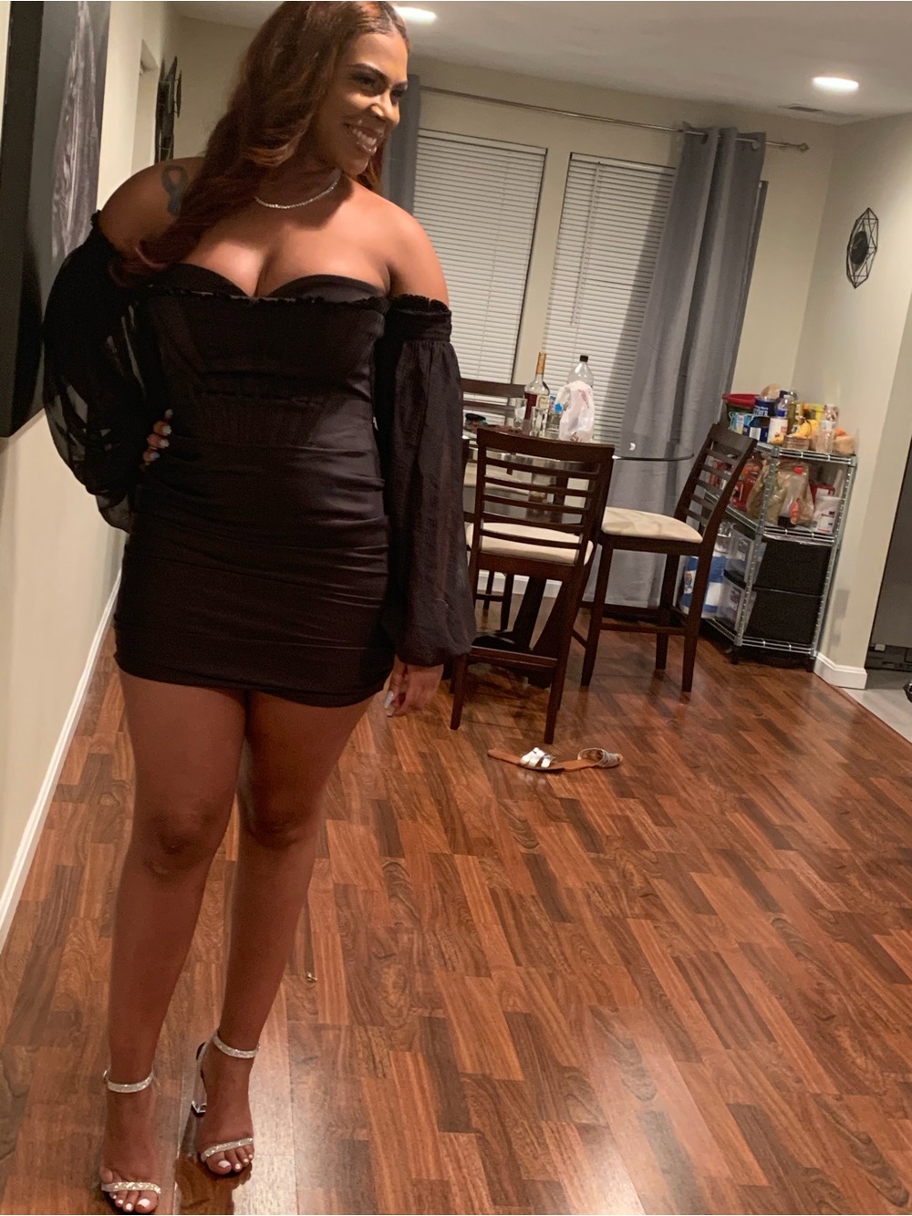 House of CB Black Strapless Satin Mini Dress with Sheer Puff Sleeves